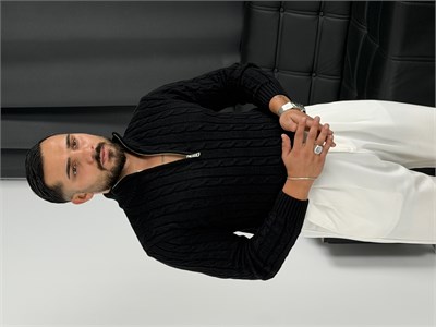 Burgu Yarım Fermuar Triko Sweatshirt Siyah