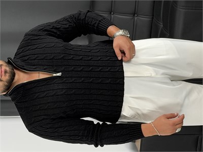 Burgu Yarım Fermuar Triko Sweatshirt Siyah