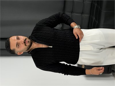Burgu Yarım Fermuar Triko Sweatshirt Siyah