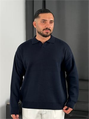 Çelik Örgü Oversize Polo Yaka Triko Sweatshirt Lacivert