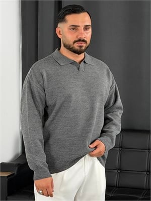 Çelik Örgü Oversize Polo Yaka Triko Sweatshirt Füme