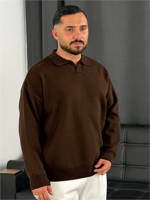 Çelik Örgü Oversize Polo Yaka Triko Sweatshirt Acı Kahve