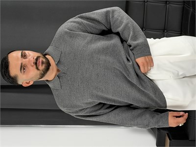 Çelik Örgü Oversize Polo Yaka Triko Sweatshirt Füme