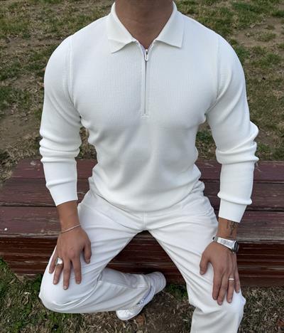 ÇELİK ÖRME TRİKO POLO YAKA YARIM FERMUAR BEYAZ