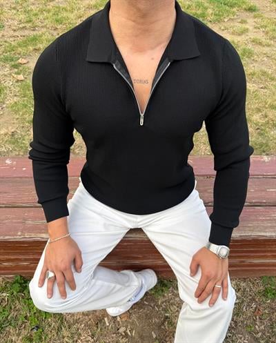 ÇELİK ÖRME TRİKO POLO YAKA YARIM FERMUAR SİYAH