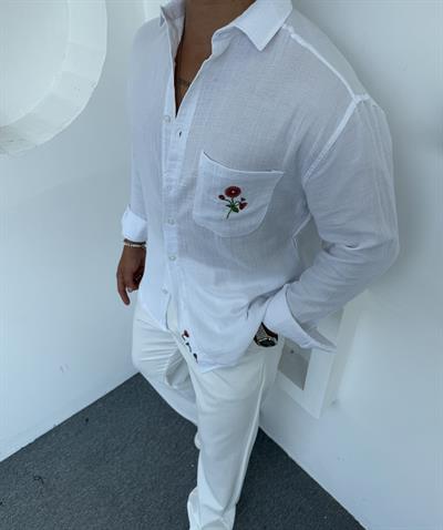 Çiçek Nakışlı Keten Gömlek Beyaz