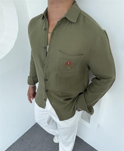 Çiçek Nakışlı Keten Gömlek Haki