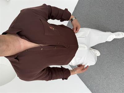 Çiçek Nakışlı Keten Gömlek Kahve