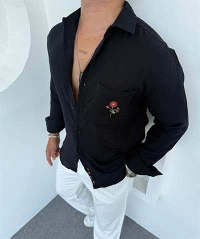 Çiçek Nakışlı Keten Gömlek Siyah