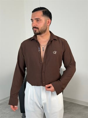 ÇİÇEK NAKIŞLI UZUNKOL GÖMLEK ACI KAHVE