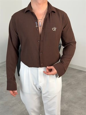 ÇİÇEK NAKIŞLI UZUNKOL GÖMLEK ACI KAHVE