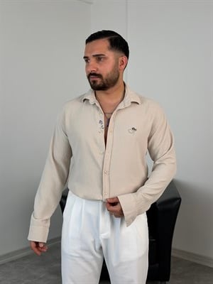 ÇİÇEK NAKIŞLI UZUNKOL GÖMLEK BEJ