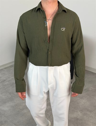 ÇİÇEK NAKIŞLI UZUNKOL GÖMLEK HAKİ YEŞİL