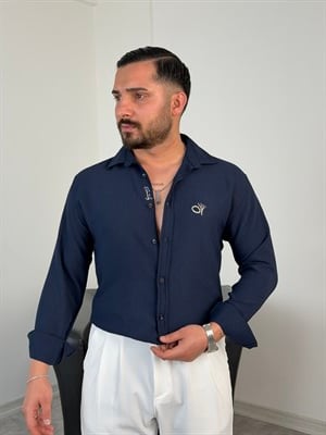 ÇİÇEK NAKIŞLI UZUNKOL GÖMLEK LACİVERT