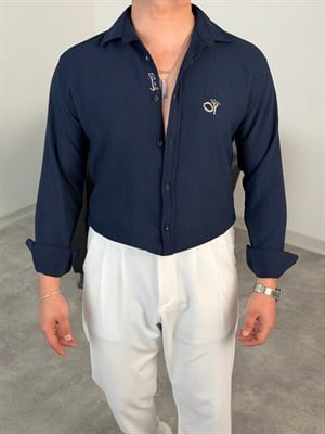 ÇİÇEK NAKIŞLI UZUNKOL GÖMLEK LACİVERT