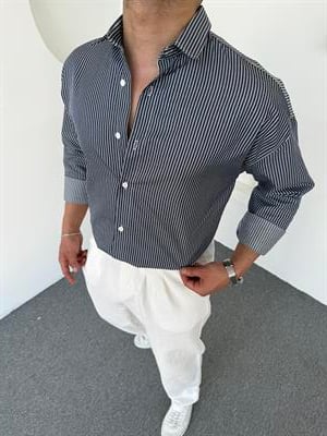 Çizgi Detay Keten Gömlek Lacivert