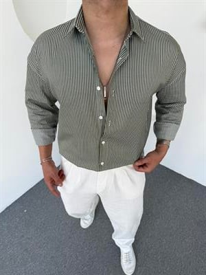 Çizgi Detay Keten Gömlek Yeşil