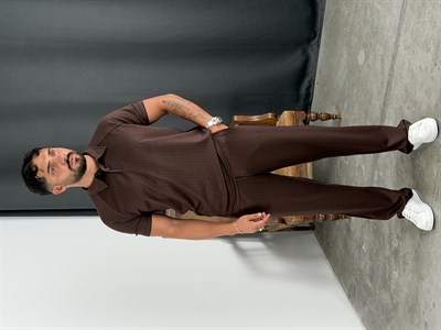 ÇİZGİLİ MODAL POLO YAKA TAKIM ACI KAHVE