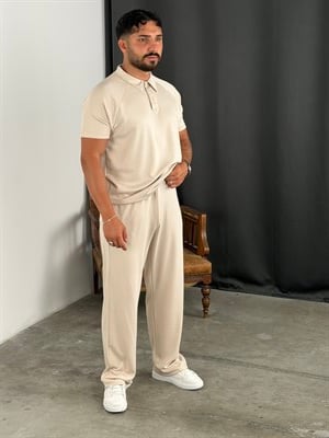 ÇİZGİLİ MODAL POLO YAKA TAKIM BEJ