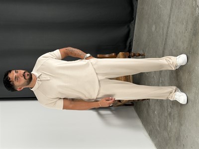 ÇİZGİLİ MODAL POLO YAKA TAKIM BEJ