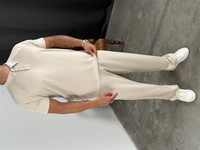 ÇİZGİLİ MODAL POLO YAKA TAKIM BEJ