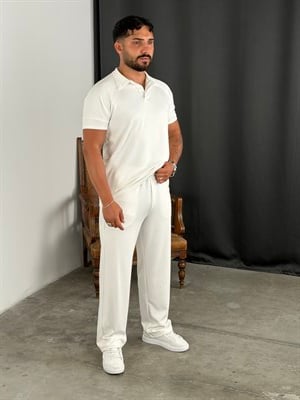 ÇİZGİLİ MODAL POLO YAKA TAKIM BEYAZ