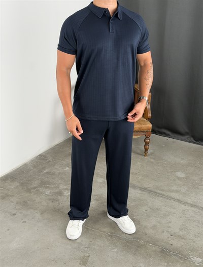 ÇİZGİLİ MODAL POLO YAKA TAKIM LACİVERT