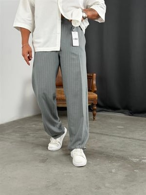 ÇİZGİLİ VİSKON SÜPER BAGGY KUMAŞ PANTOLON GRİ