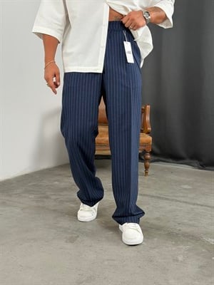 ÇİZGİLİ VİSKON SÜPER BAGGY KUMAŞ PANTOLON LACİVERT