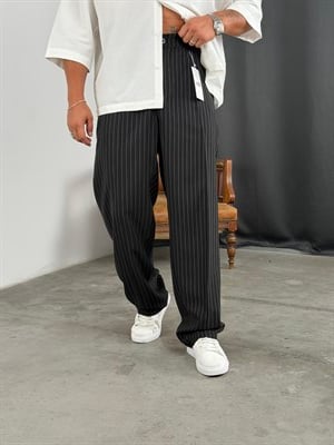 ÇİZGİLİ VİSKON SÜPER BAGGY KUMAŞ PANTOLON SİYAH