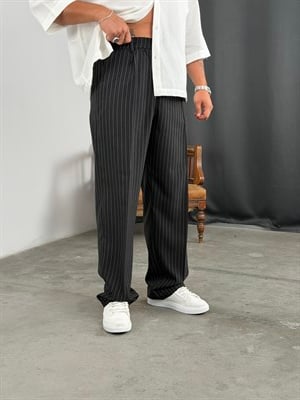 ÇİZGİLİ VİSKON SÜPER BAGGY KUMAŞ PANTOLON SİYAH