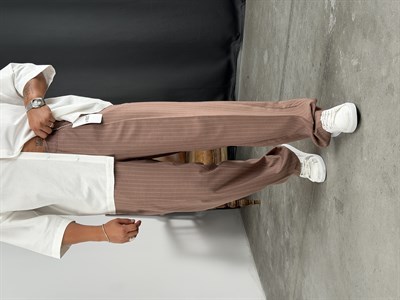 ÇİZGİLİ VİSKON SÜPER BAGGY KUMAŞ PANTOLON ACI KAHVE