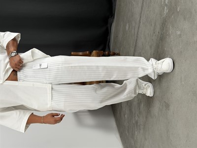 ÇİZGİLİ VİSKON SÜPER BAGGY KUMAŞ PANTOLON BEYAZ
