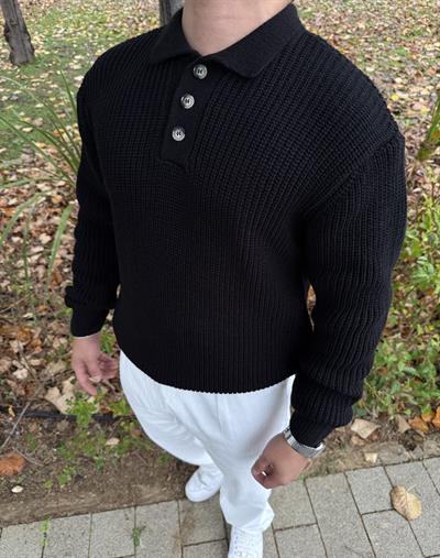 DÜĞMELİ GRAMAJLI POLO YAKA TRİKO SİYAH