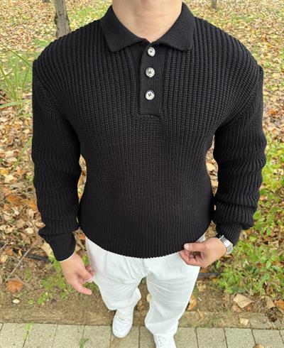 DÜĞMELİ GRAMAJLI POLO YAKA TRİKO SİYAH