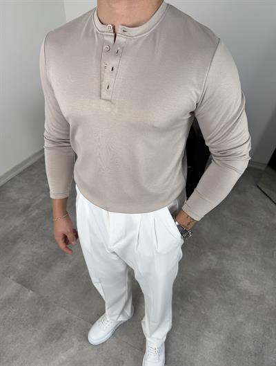 DÜĞMELİ MODAL KUMAŞ PREMİUM SWEATSHİRT BEJ