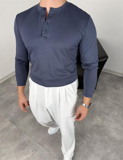 DÜĞMELİ MODAL KUMAŞ PREMİUM SWEATSHİRT İNDİGO