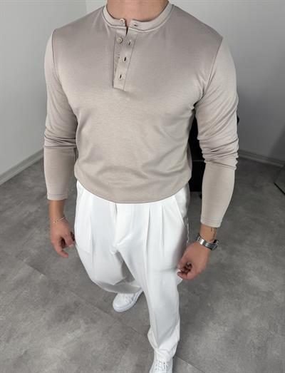 DÜĞMELİ MODAL KUMAŞ PREMİUM SWEATSHİRT BEJ