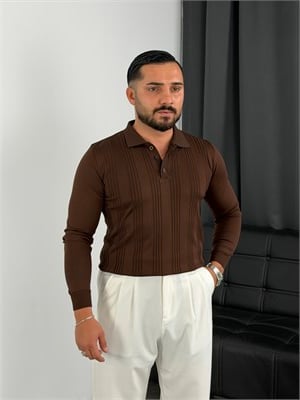 Düğmeli Polo Yaka Şeritli Triko Sweatshirt Acı kahve