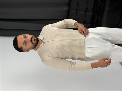 Düğmeli Polo Yaka Şeritli Triko Sweatshirt Bej