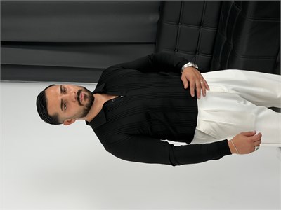 Düğmeli Polo Yaka Şeritli Triko Sweatshirt Siyah