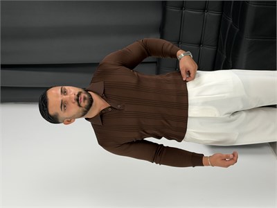 Düğmeli Polo Yaka Şeritli Triko Sweatshirt Acı kahve