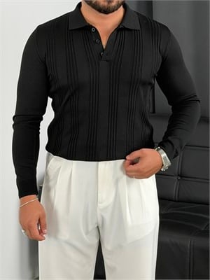 Düğmeli Polo Yaka Şeritli Triko Sweatshirt Siyah