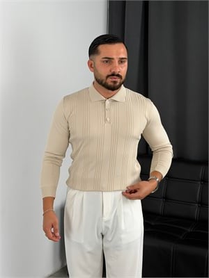 Düğmeli Polo Yaka Şeritli Triko Sweatshirt Bej