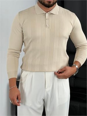 Düğmeli Polo Yaka Şeritli Triko Sweatshirt Bej