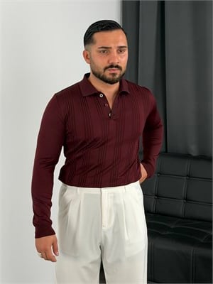Düğmeli Polo Yaka Şeritli Triko Sweatshirt Bordo
