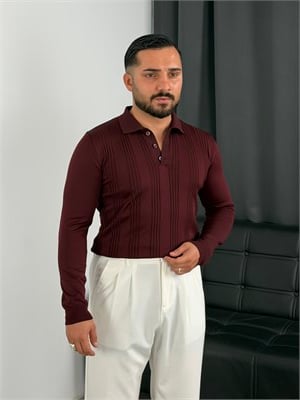 Düğmeli Polo Yaka Şeritli Triko Sweatshirt Bordo