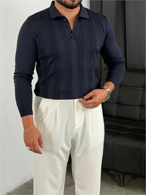 Düğmeli Polo Yaka Şeritli Triko Sweatshirt Lacivert