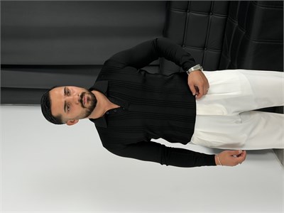 Düğmeli Polo Yaka Şeritli Triko Sweatshirt Siyah