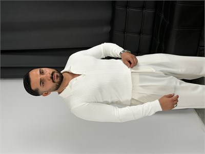 Düğmeli Polo Yaka Şeritli Triko Sweatshirt Beyaz